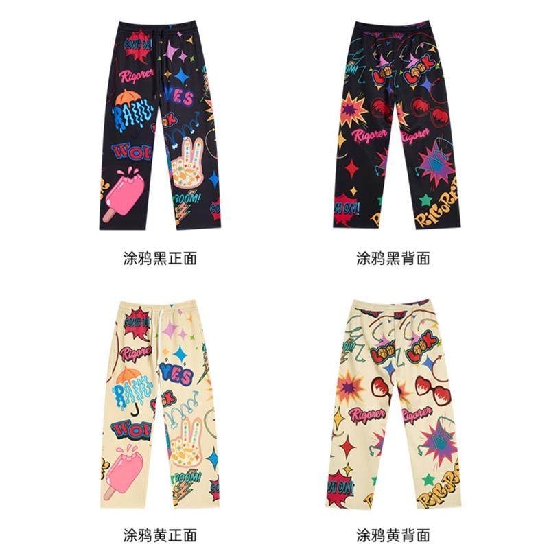 2024美式潮牌卡通花裤子男女涂鸦印花九分裤秋季学生透气运动长裤