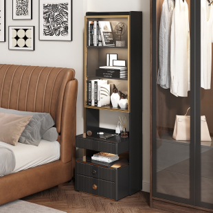 法式复古床头柜书架一体家用卧室实木带锁置物柜轻奢高级感夹缝柜