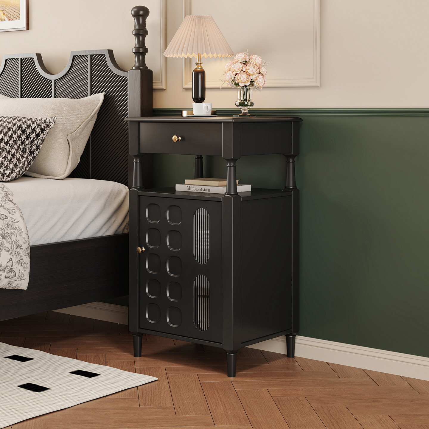 法式一体床头柜带保险箱2026热卖卧室床头斗柜复古黑色实木小边柜,住宅家具,床头柜,淘宝优惠券,粉丝福利购,淘宝优惠卷