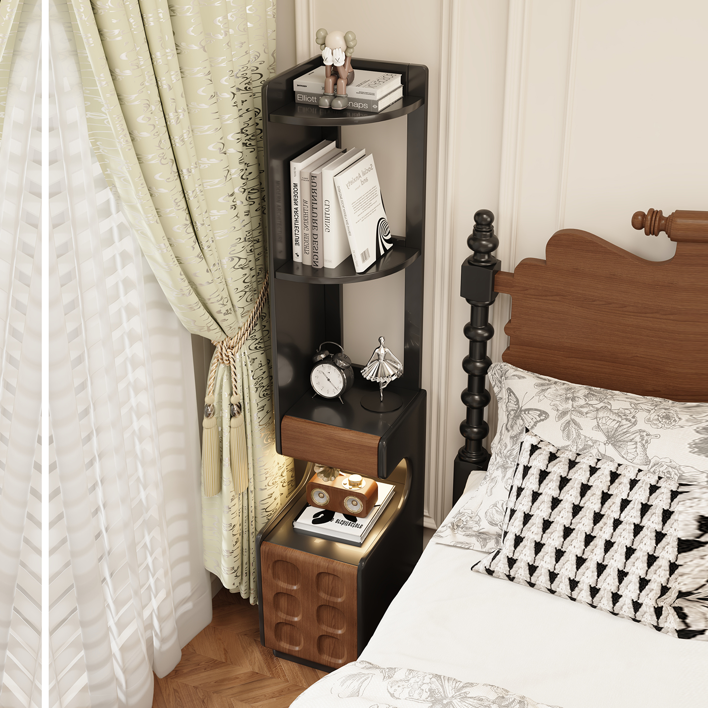 中古风床头柜书架一体家用卧室床边柜窄柜夹缝柜小户型收纳置物柜