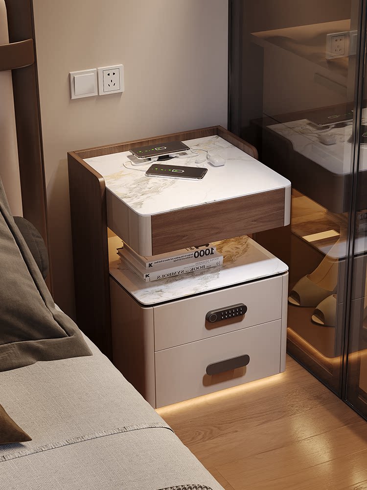 Прикроватная тумбочка с подсветкой, умная, перезаряжаемая, многофункциональная, легкая роскошь, ощущение высокого класса, новый сейф 2025 года с замком для отпечатков пальцев из массива дерева Изображение 1