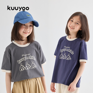 KUUYOO大象滑梯印花儿童夏季素色T恤衫圆领短袖上衣休闲打底衫棉