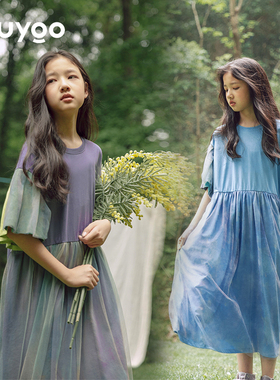 KUUYOO儿童全棉针织撞色拼接网纱连衣裙夏季宽松圆领两穿女童长裙