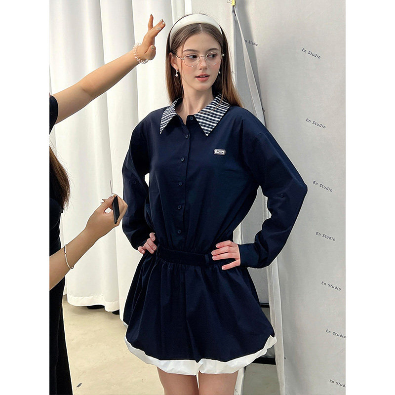 学院风格纹拼接POLO领花苞衬衫短裙子女收腰长袖连衣裙图片