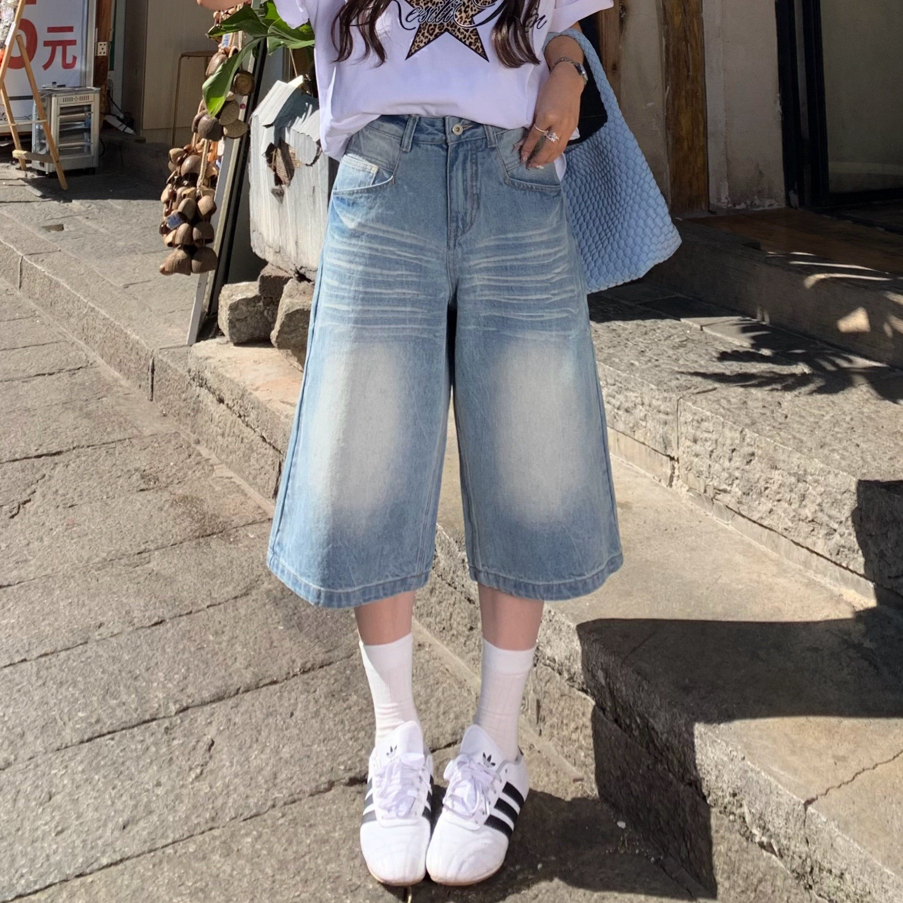 3MER哦哦三妹美式阔腿浅蓝色七分牛仔裤女春夏宽松显瘦直筒短裤子