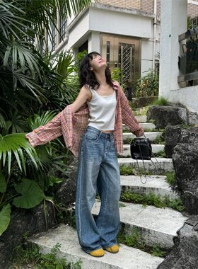 FAN美式覆古蓝色牛仔裤