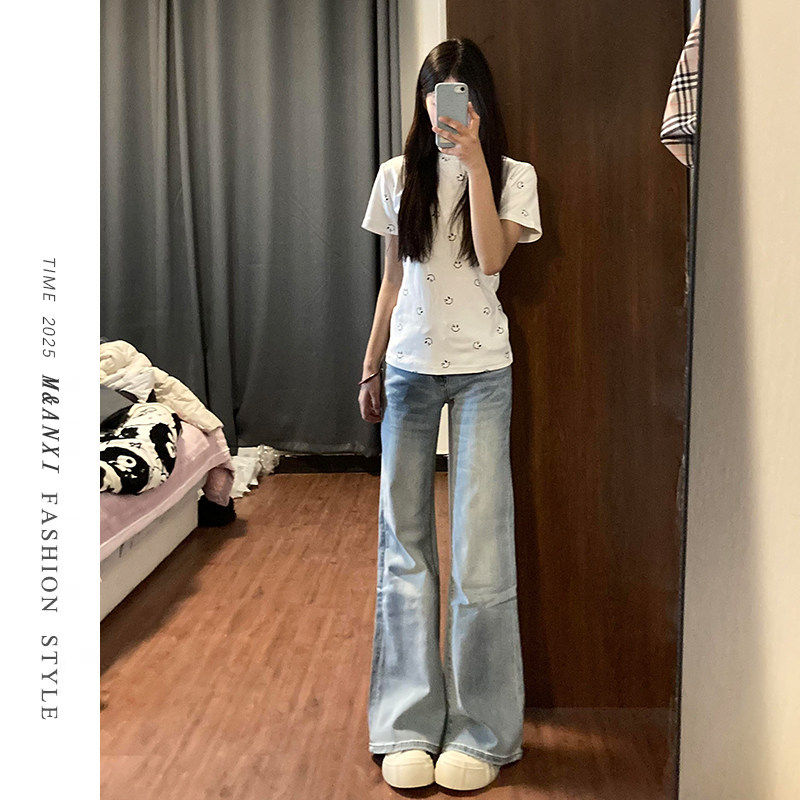 浅蓝低腰微喇牛仔裤女2025夏季新款宽松显瘦小个子不贴腿喇叭裤子