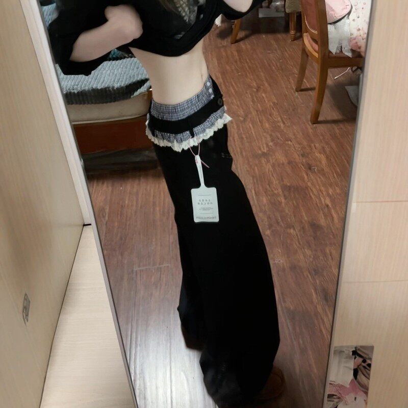 高个子加长拼接花边西装裤女夏季直筒裤慵懒风裤子拖地休闲宽裤