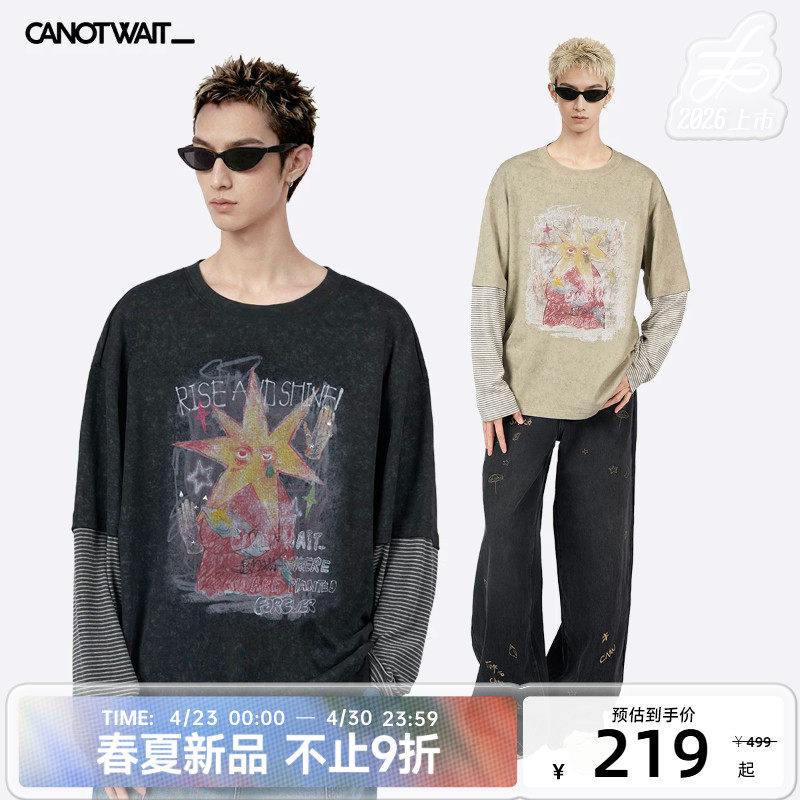 陈伟霆长袖T恤CANOTWAIT_手绘感印花撞钉艺术晕染假两件长袖T恤