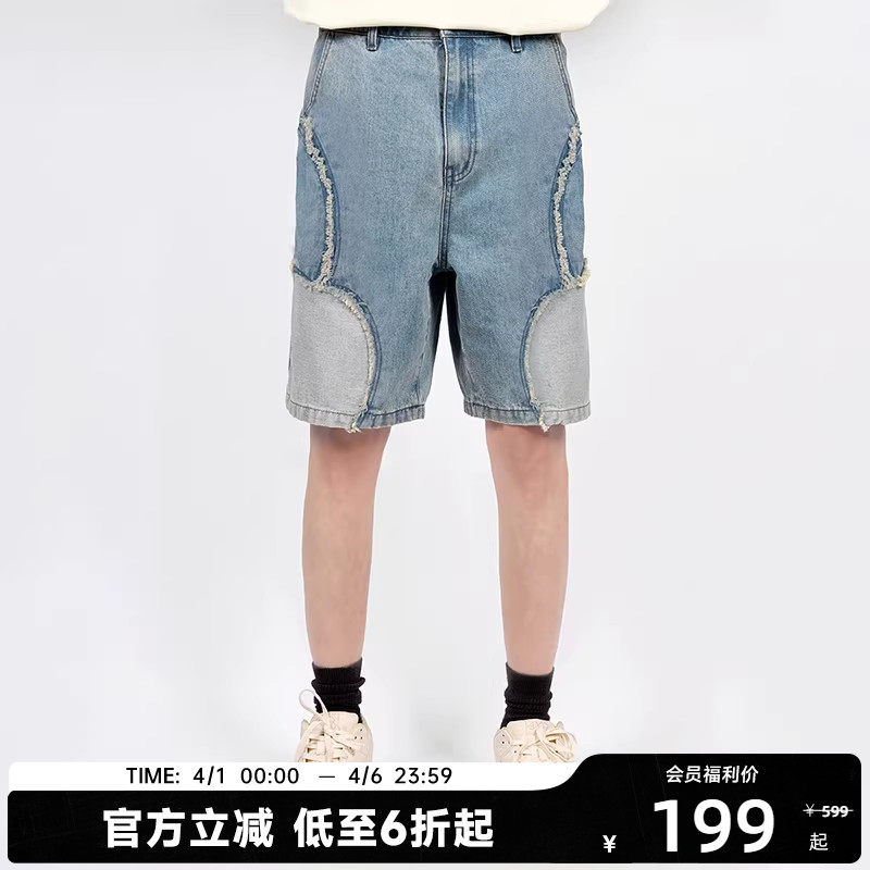 【陈伟霆】CANOTWAIT_BITEYOU拼接牛仔裤夏季短裤休闲宽松男女款