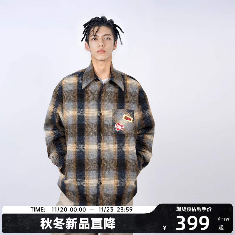 CANOTWAIT 复古渐变格纹长袖衬衫棉服外套秋冬情侣款设计感休闲