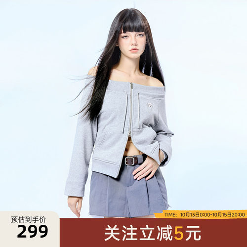 CANOTWAIT一字肩抽绳短款金属LOGO拉链卫衣外套全棉女
