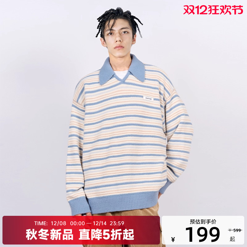 CANOTWAIT 拼色条纹POLO领套头毛衣情侣款慵懒风针织衫秋冬季新款