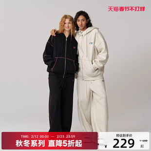 CANOTWAIT_athome系列复古彩标抓绒连帽卫衣卫裤套装外套男女款