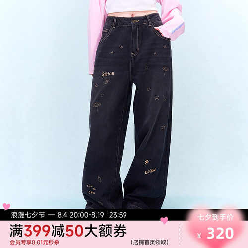 CANOTWAIT X 迪士尼联名史迪奇刺绣水洗牛仔长裤休闲男女秋季显瘦