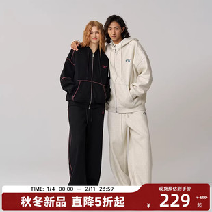 CANOTWAIT_athome系列复古彩标抓绒连帽卫衣卫裤套装外套男女款