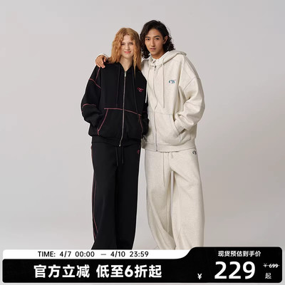 CANOTWAIT_athome系列复古彩标抓绒连帽卫衣卫裤套装外套男女款