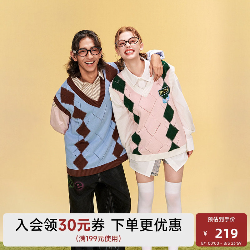 迪士尼联名史迪奇系列格纹毛衣背心秋冬款马甲男女同款情侣款潮流