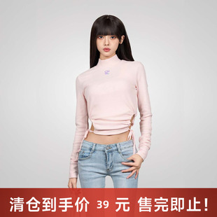 陈伟霆CANOTWAIT腰镂空抽褶半高领针织打底衫女款修身短款夏新品
