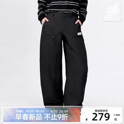 陈伟霆工装裤CANOTWAIT_撞钉装饰拼接廓形工装长裤织标弯刀裤