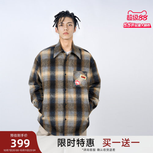【买1送1】CANOTWAIT 复古渐变格纹长袖衬衫棉服外套秋冬情侣款设