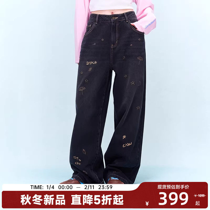 CANOTWAIT X 迪士尼联名史迪奇刺绣水洗牛仔长裤休闲男女秋季显瘦