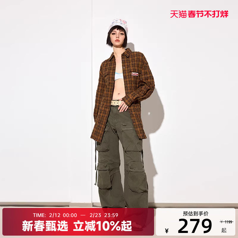 【陈伟霆】CANOTWAIT美式复古翻领格纹长袖衬衫连衣裙宽松春夏款