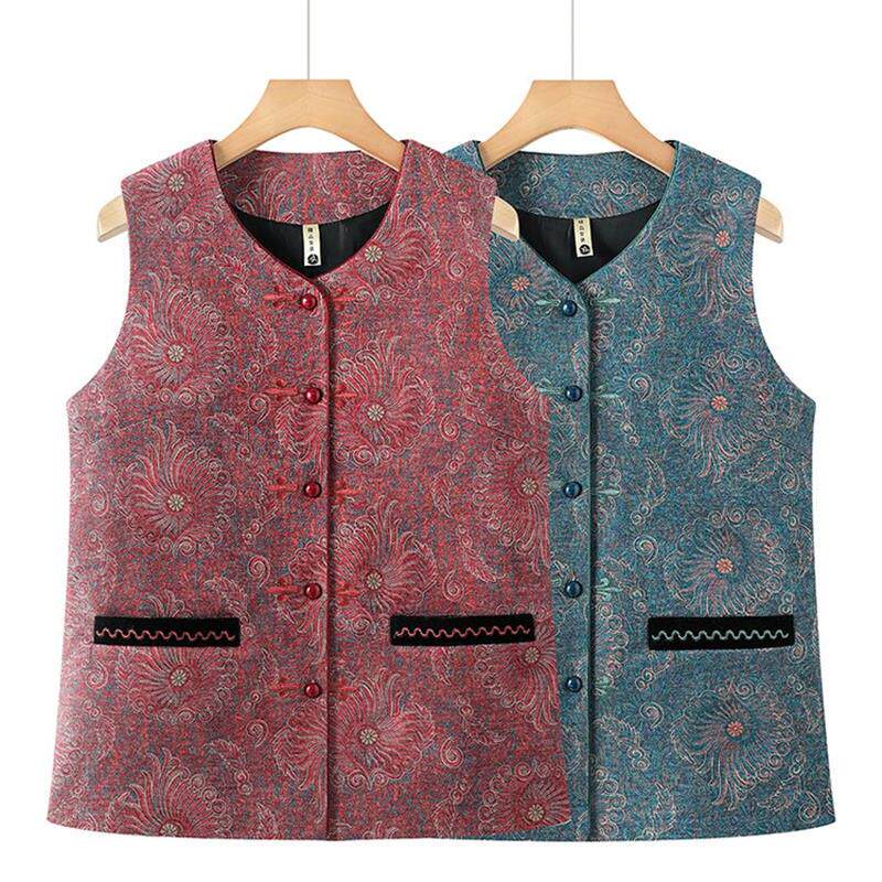 中老年女士大码马甲春秋新款无袖内搭上衣妈妈装中式复古风印花背