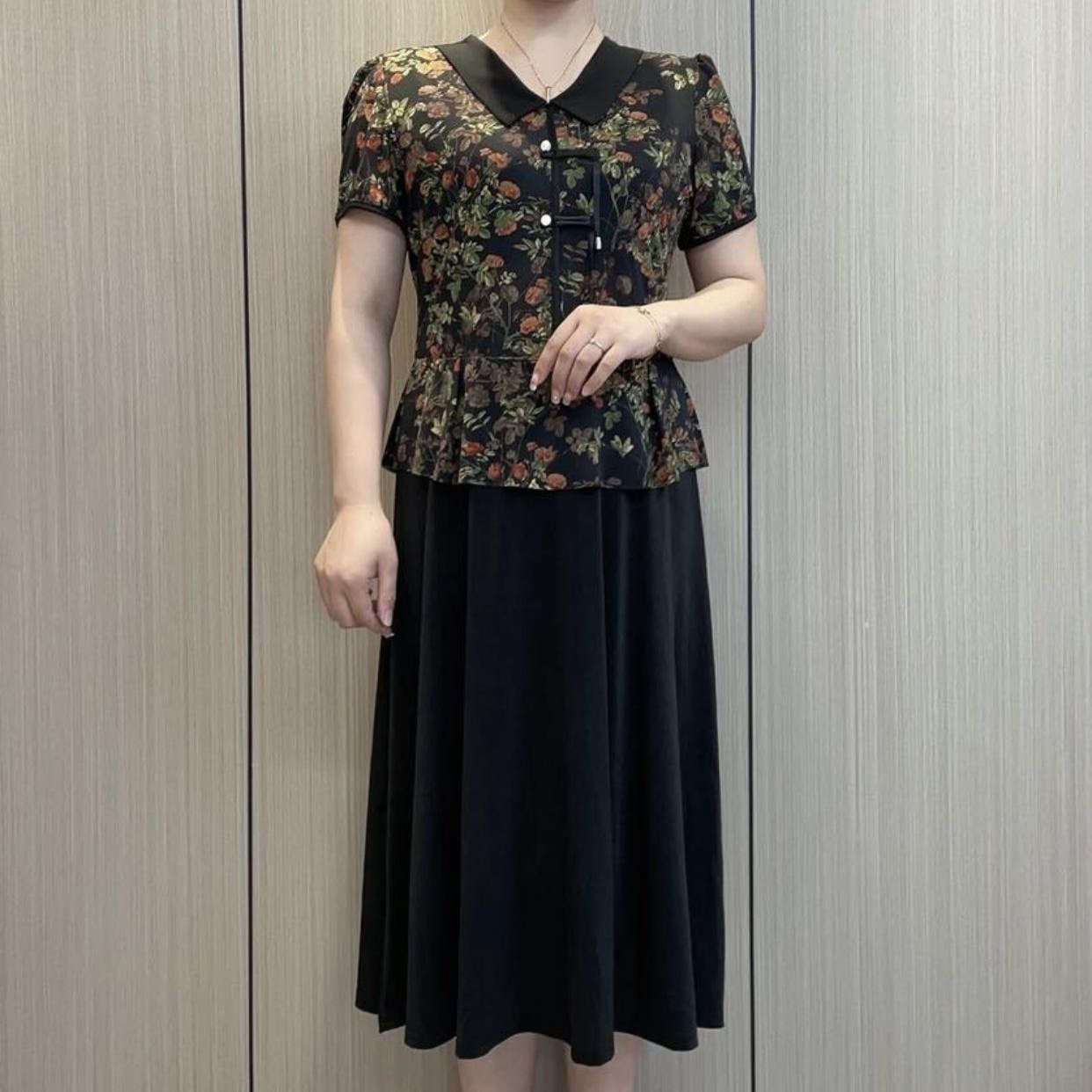 改良版假两件连衣裙过膝妈妈装