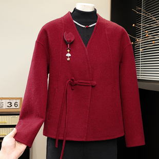 新中式红色系带盘扣短款外套中老年女装妈妈装高贵婚宴装开衫保暖