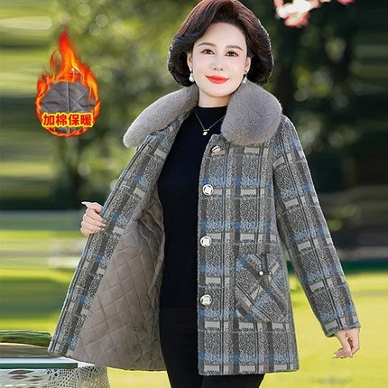 妈妈冬装加绒加厚格子外套中老年女秋冬款中长款保暖大衣毛呢上衣