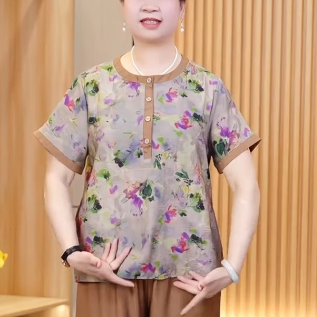 妈妈两件套上衣显瘦女短袖夏装套装2025新款大码休闲碎花T血裤子