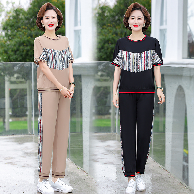 中年妈妈短袖洋气雪纺衫T恤上衣时尚运动服女夏季中老年两件套装