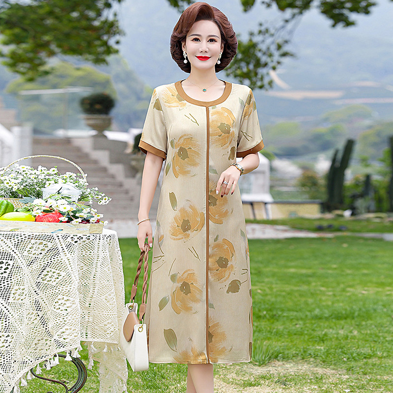 新款妈妈装夏季雪纺短袖连衣裙大码遮肚长裙中老年女40岁直筒裙子