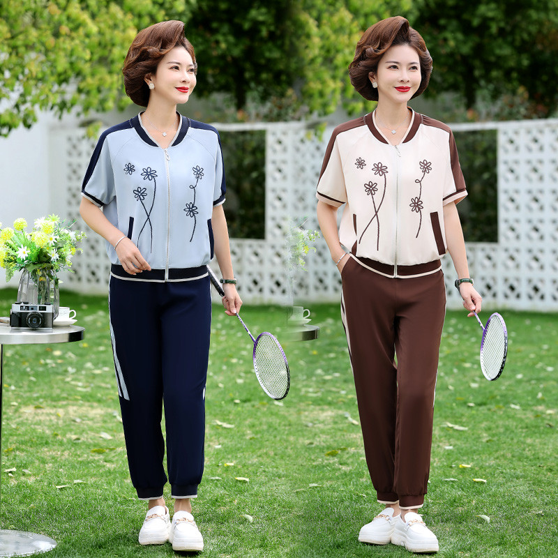 漂亮妈妈夏装套装休闲时尚短袖上衣中老年女洋气健身运动服两件套