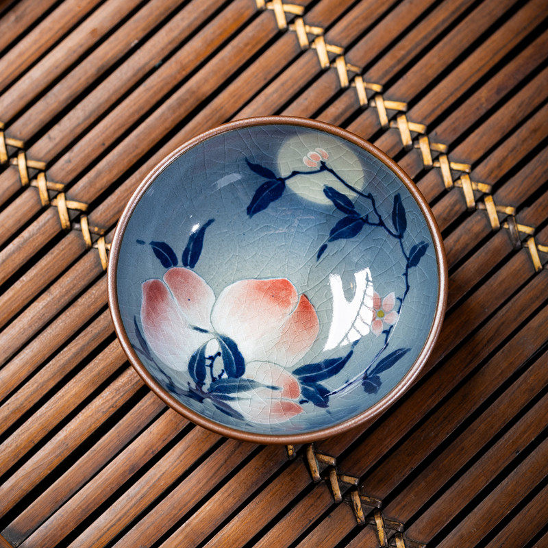 景德镇老陶泥手绘桃子主人杯单杯功夫茶杯品茗杯复古釉下彩青花瓷