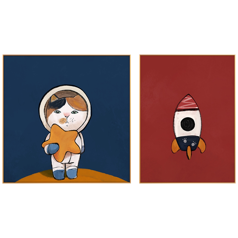 新款卡通儿童房装饰画太空猫咪火箭客厅壁画男孩卧室房c间布置床