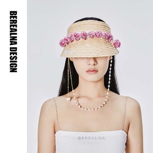 berealna原創(chuàng)設(shè)計珍珠流蘇空頂拉菲草帽 大檐遮陽帽子 度假風時尚