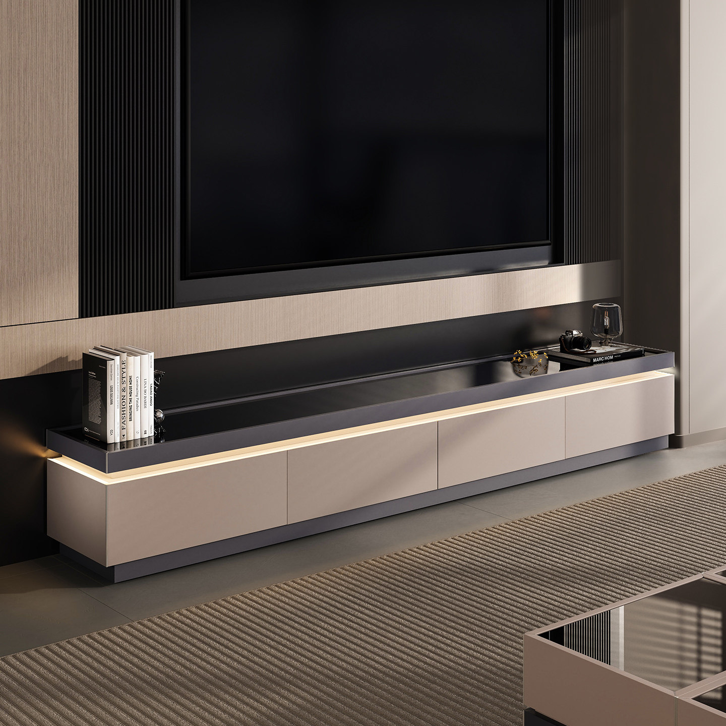 意式简约落地电视柜新款创意实木高级感客厅TV柜带玻璃灯地台柜,住宅家具,电视柜,淘宝优惠券,粉丝福利购,淘宝优惠卷