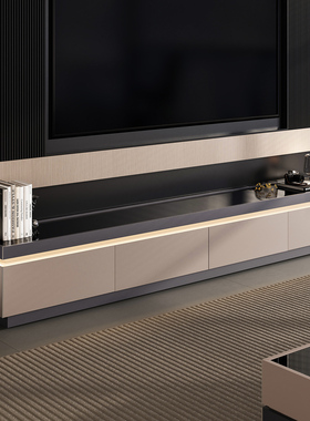 意式简约落地电视柜2025创意实木高级感客厅TV柜带玻璃灯地台柜