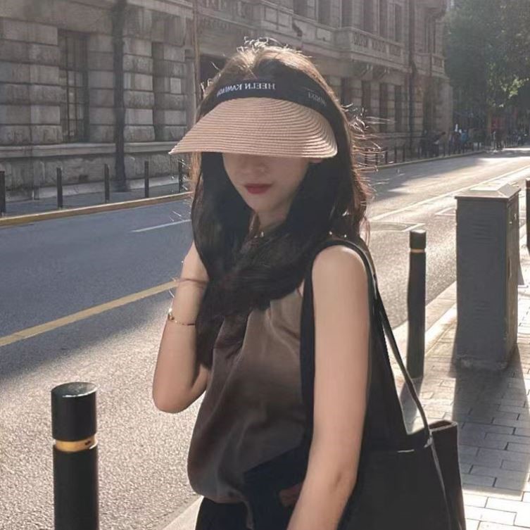 草编大檐空顶帽女夏海边防紫外线遮脸发箍防晒帽发卡式遮阳帽草帽