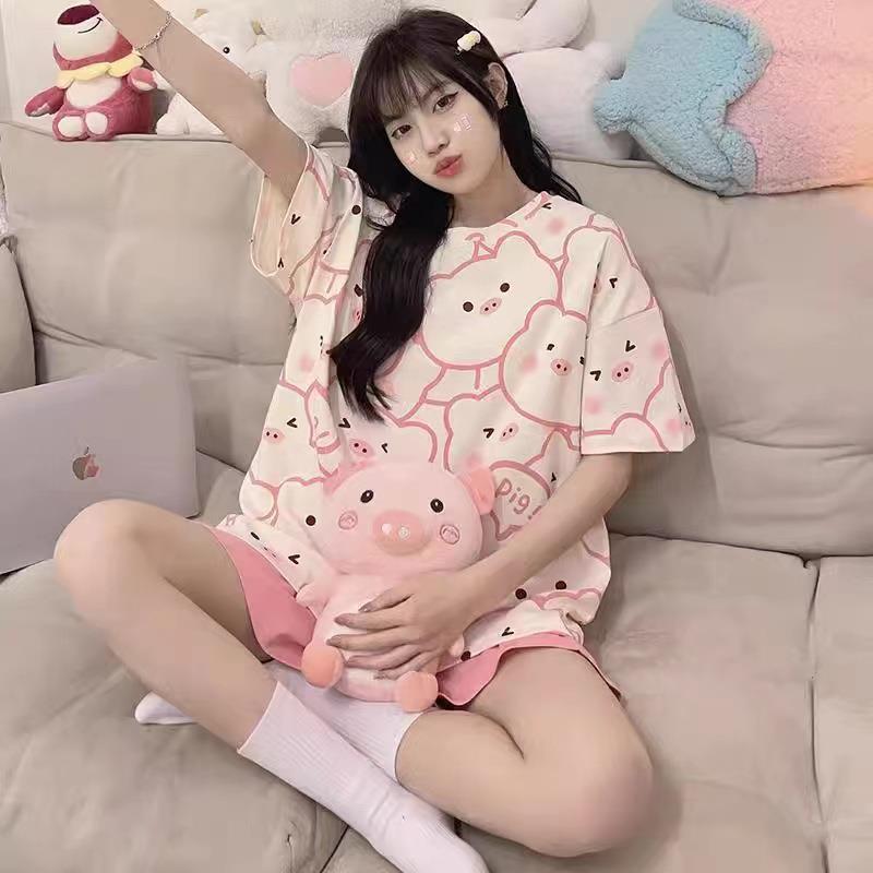 小猪印花睡衣女夏季短袖薄款圆领套装可爱卡通学生少女韩版家居服