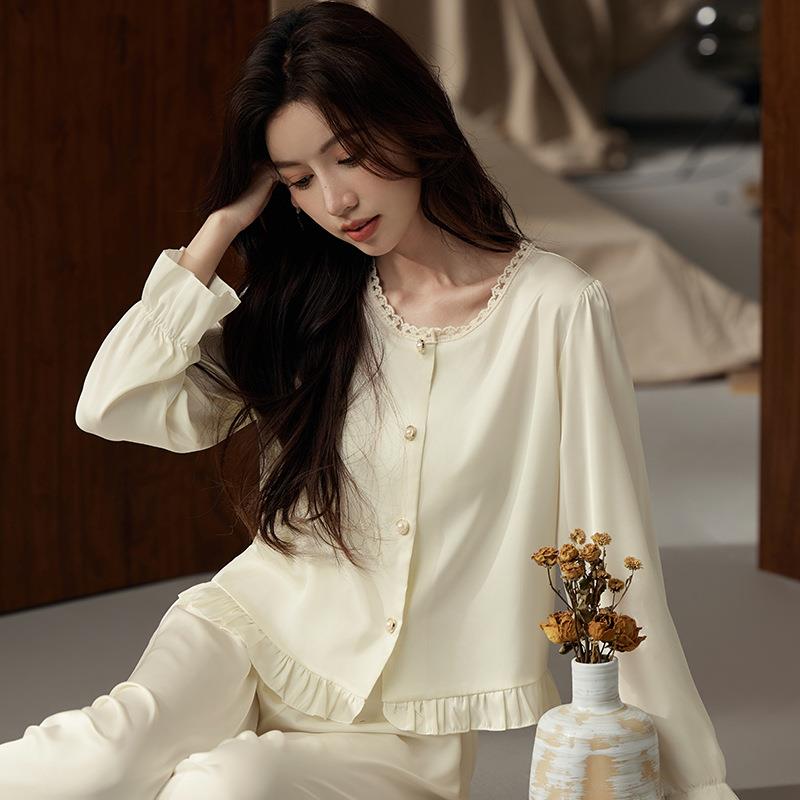 高级感简约衬衫睡衣女春秋季长袖长裤家居服丝绸韩版冰丝套装跨境