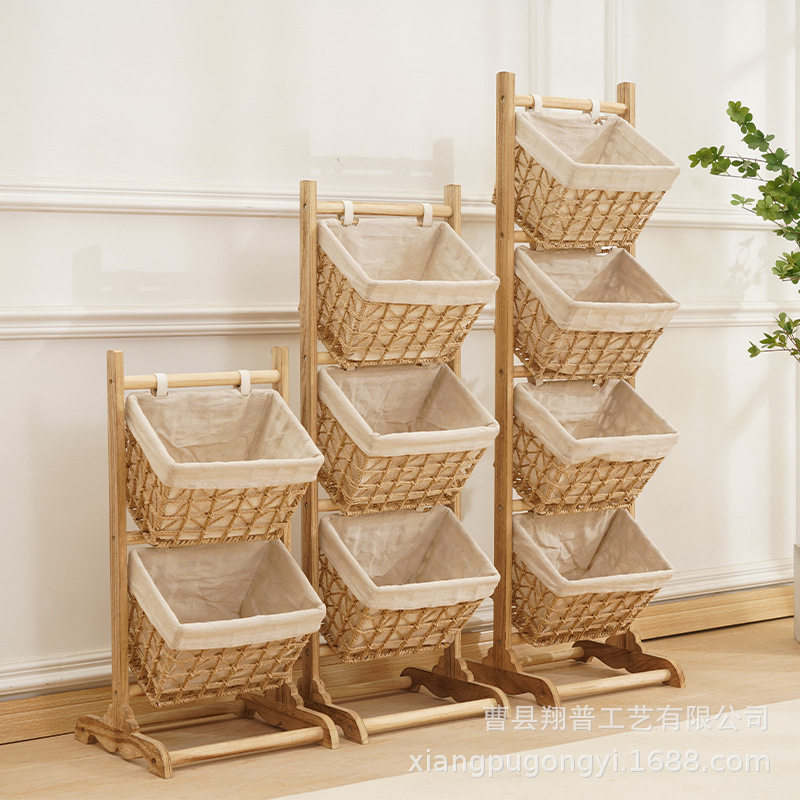 藤编吊篮梧桐木免安装收纳架