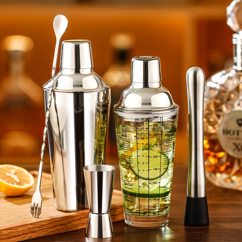 不锈钢调酒器加厚玻璃雪克杯手摇壶鸡尾酒摇杯制作工具调酒器套装