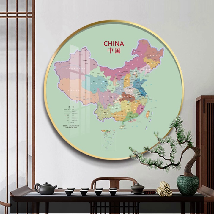 省份地图圆形装饰画儿童房中国世界挂画办公室书房玄关背景墙壁画图片