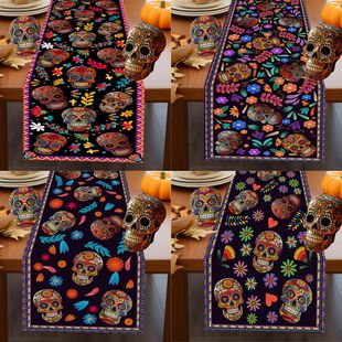 亚马逊热销亚麻桌旗亡灵节骷髅室内外节日居家装饰餐桌客厅桌旗