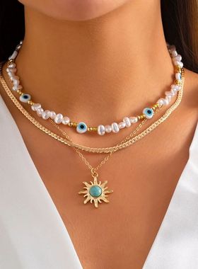 2024 3pcs/set Ethnic Sunflower Green Stone Pendant Necklace