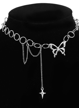 Simple Hip Hop Butterfly Tassel Choker Necklace For Women