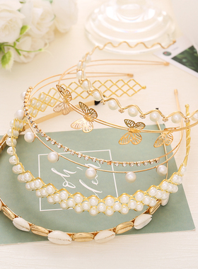 Fashion Thin Metal Pearls Crystal Head Hoop Women Headband